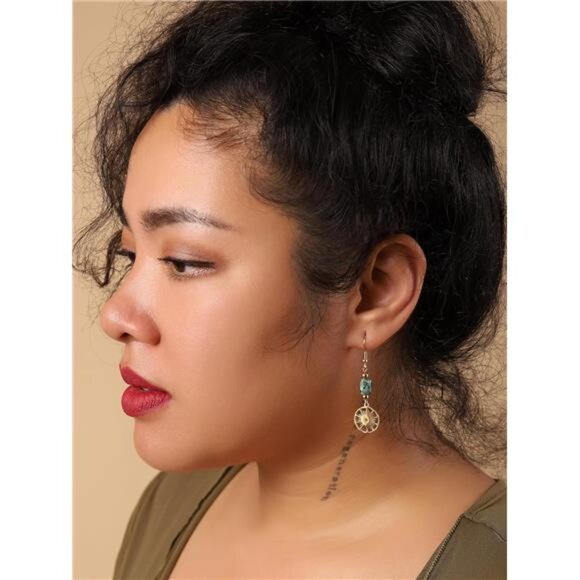 Gold Sunburst Earrings | Green Stone Bead Dangle | Boho Hippie Vintage-Inspired - Picture 5 of 7